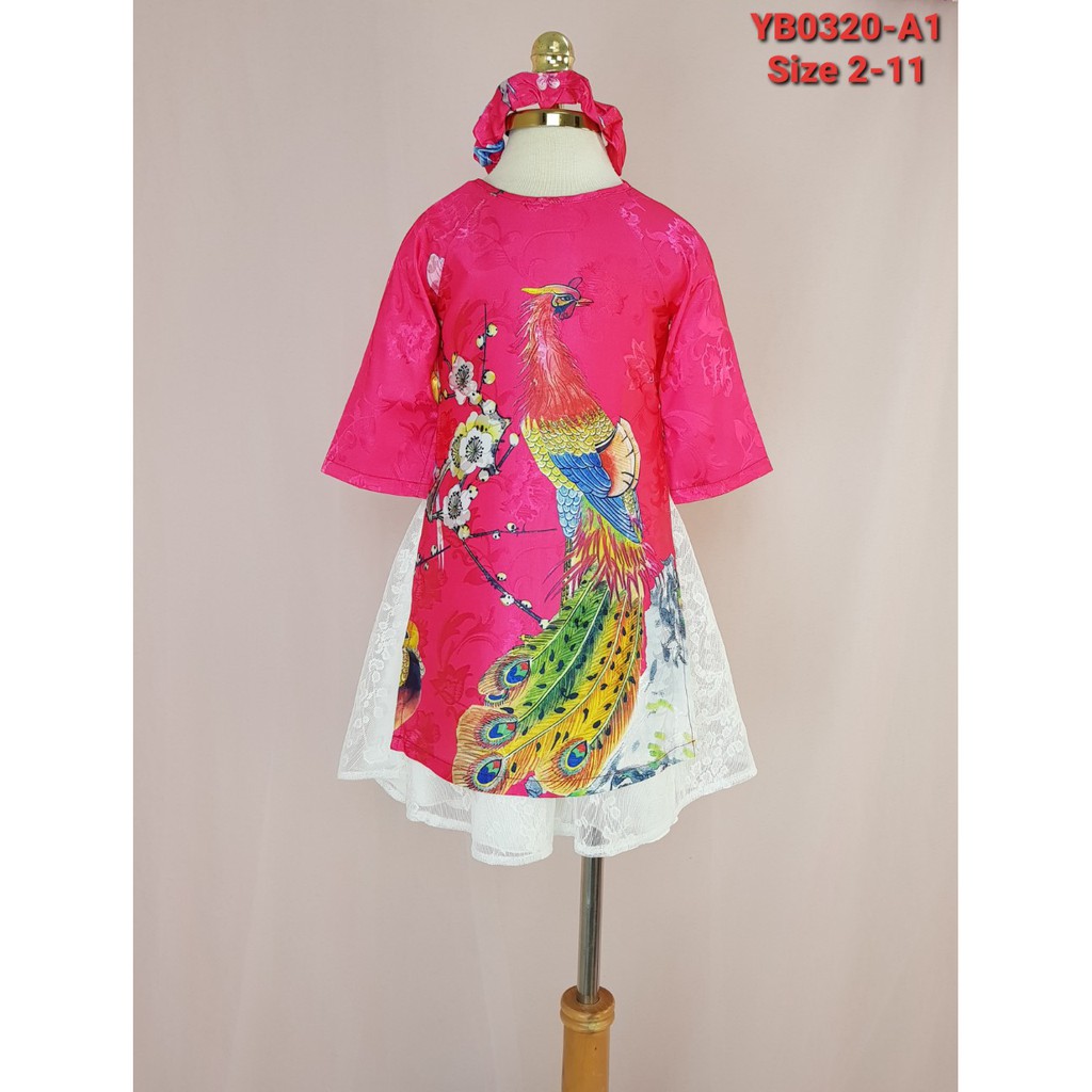 YB0322- bộ áo dài bé gái + chân váy ren in hình chim công, hiệu KonaBaby. size 2-9 cho bé từ 12-30kg