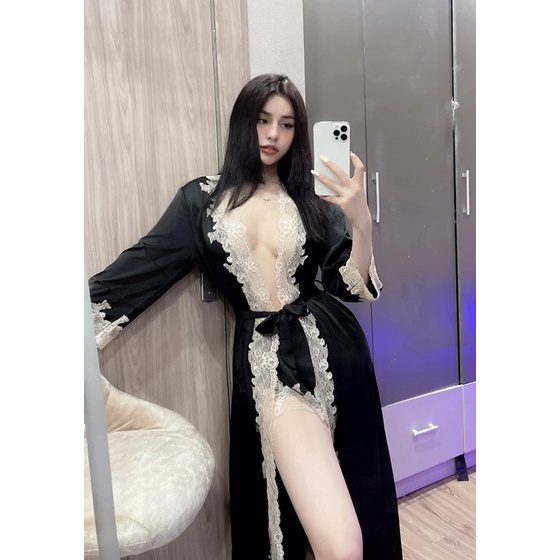 🌱Hàng Quảng Châu🌱Bộ Set áo choàng lụa phối ren quyến rũ_lụa satin mền mịn mát 38. | BigBuy360 - bigbuy360.vn