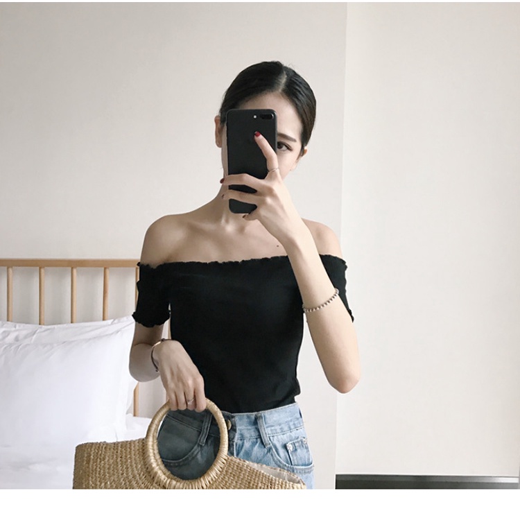 Happy-store ❤️ Áo Croptop Dệt Kim Tay Ngắn Thiết Kế Trễ Vai Nữ Tính