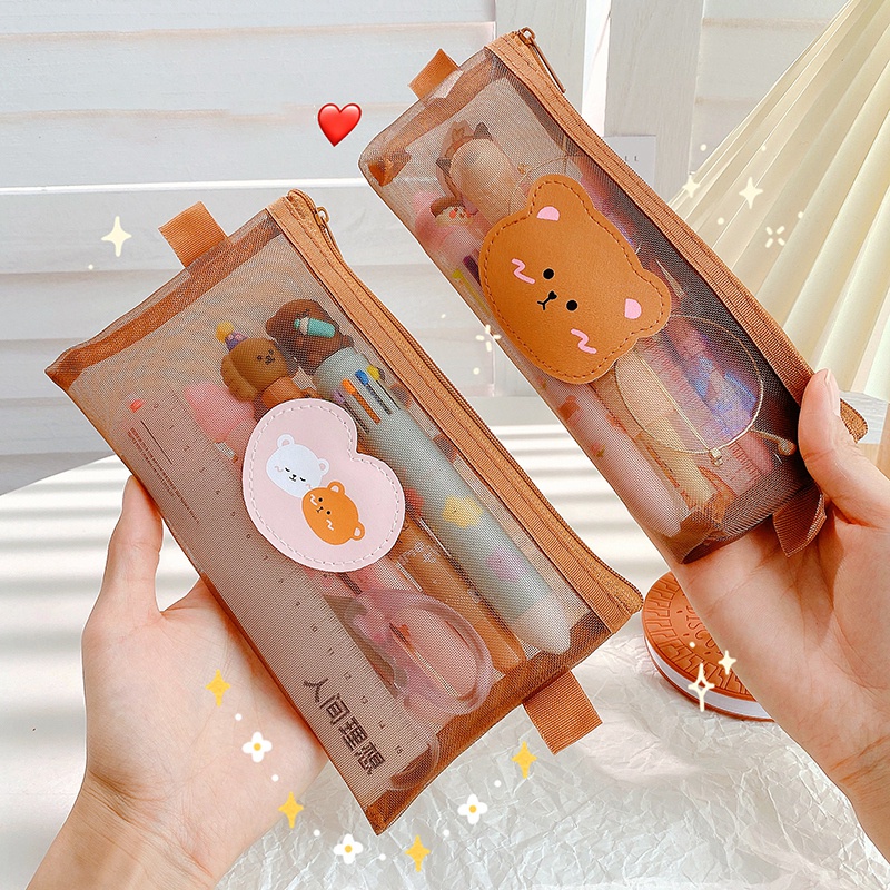 Túi Đựng Bút Phối Lưới Hình Gấu Dễ Thương Xinh Xắn