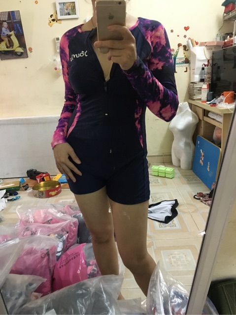 Hình thật -Bộ bơi liền thân quần đùi phối màu xanh/ hồng | BigBuy360 - bigbuy360.vn