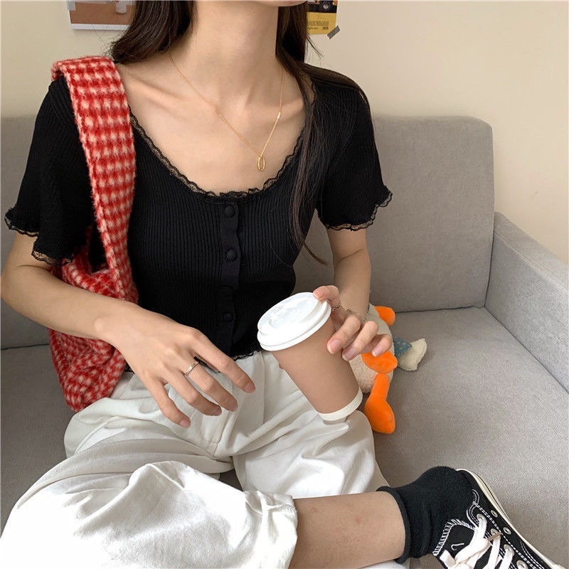 áo thun nữ croptop tay ngắn cổ tròn bánh bèo cực xinh