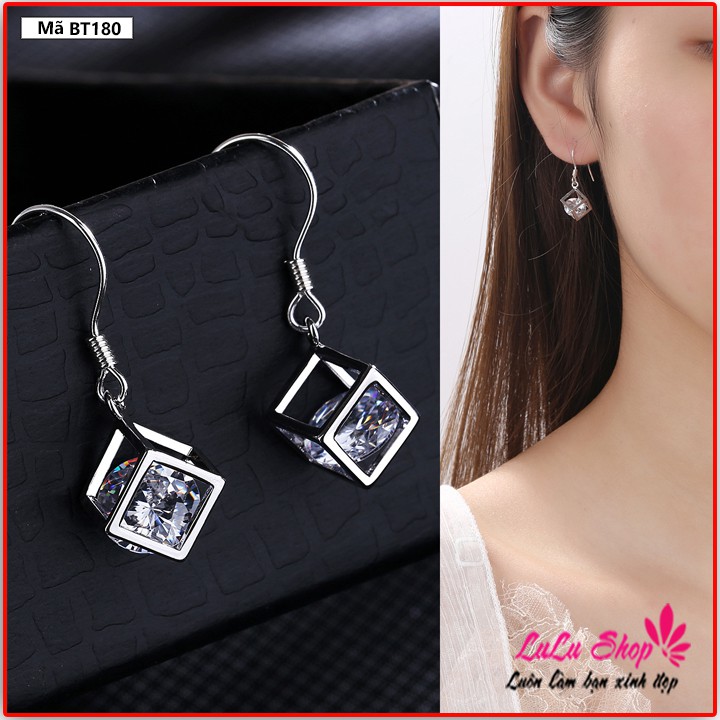 Khuyên tai nữ Zircon vuông phong cách Hàn Quốc, thiết kế 3 chiều độc đáo BT180