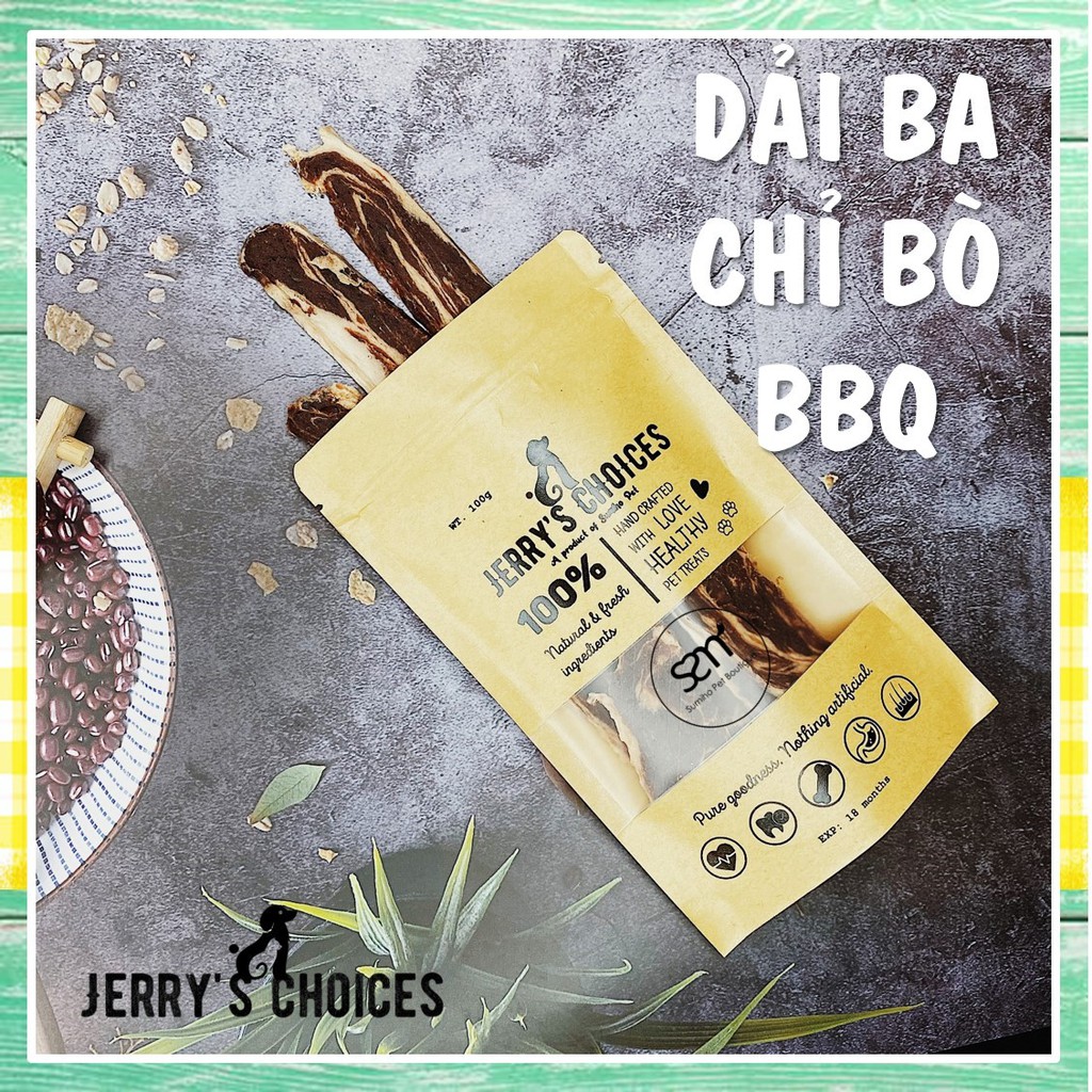 Bánh thưởng cho chó Jerry's Choices (Dải ba chỉ bò BBQ) 100gr/túi