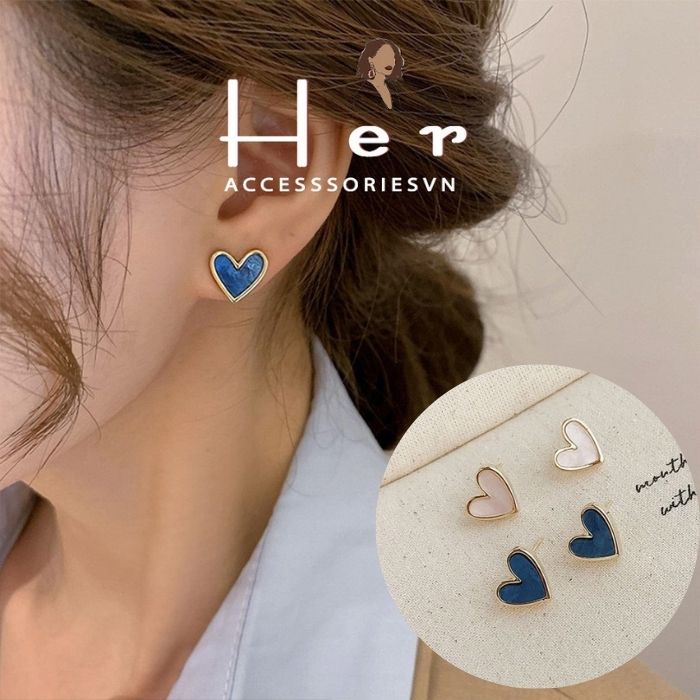 Bông tai trái tim chuôi bạc 925 khảm đá sà cừ xinh xắn Her Accessories H85