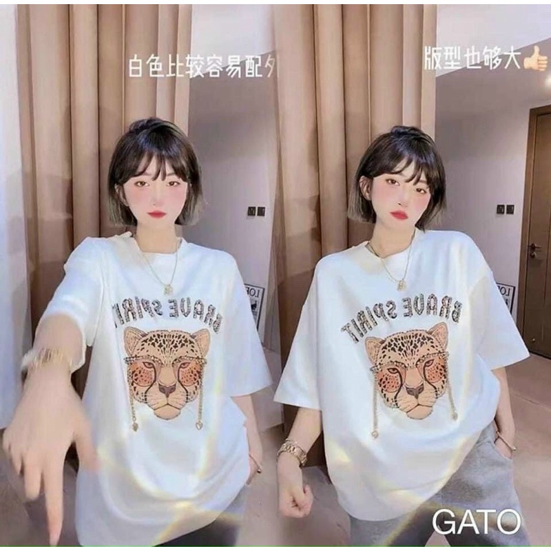 Áo phông cotton mặt hổ Áo thun phom thụng dáng rộng tay ngắn