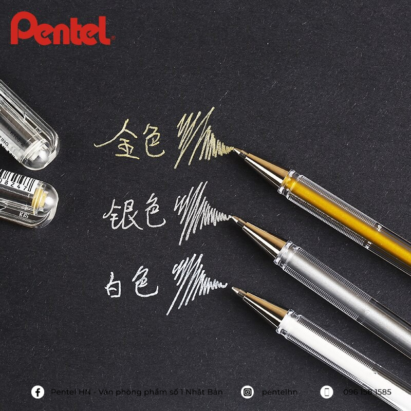 Bút Nhũ Pentel K108 Hybrid Roller | Màu Nhũ Tươi Sáng Nhanh Khô Không Lem Nhòe | Ngòi 0.8mm 3 Màu Mực (vàng, bạc, trắng)