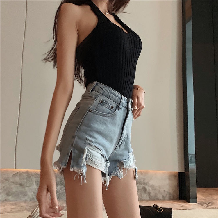 Cocory vn Quần Short Denim Lưng Cao Phối Rách Thời Trang Mùa Hè Quyến Rũ Cho Nữ