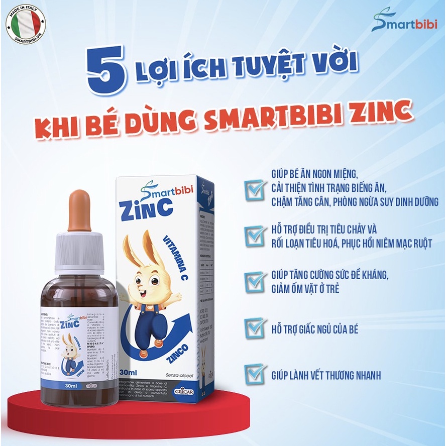 Smartbibi Zinc, hỗ trợ cải thiện tình trạng biếng ăn, chậm lớn ở trẻ thiếu kẽm (chai 30ml)