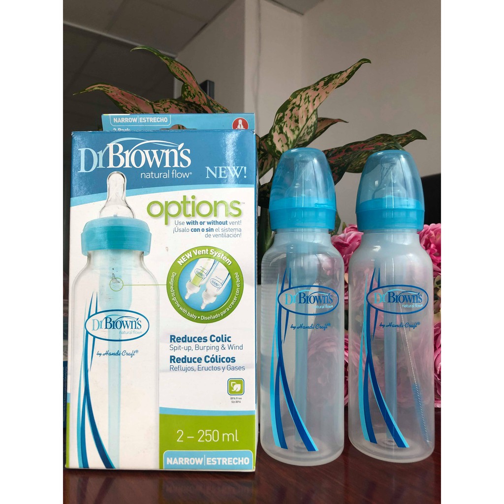 Combo 2 bình sữa Dr Brown's cổ hẹp 250ml options màu xanh