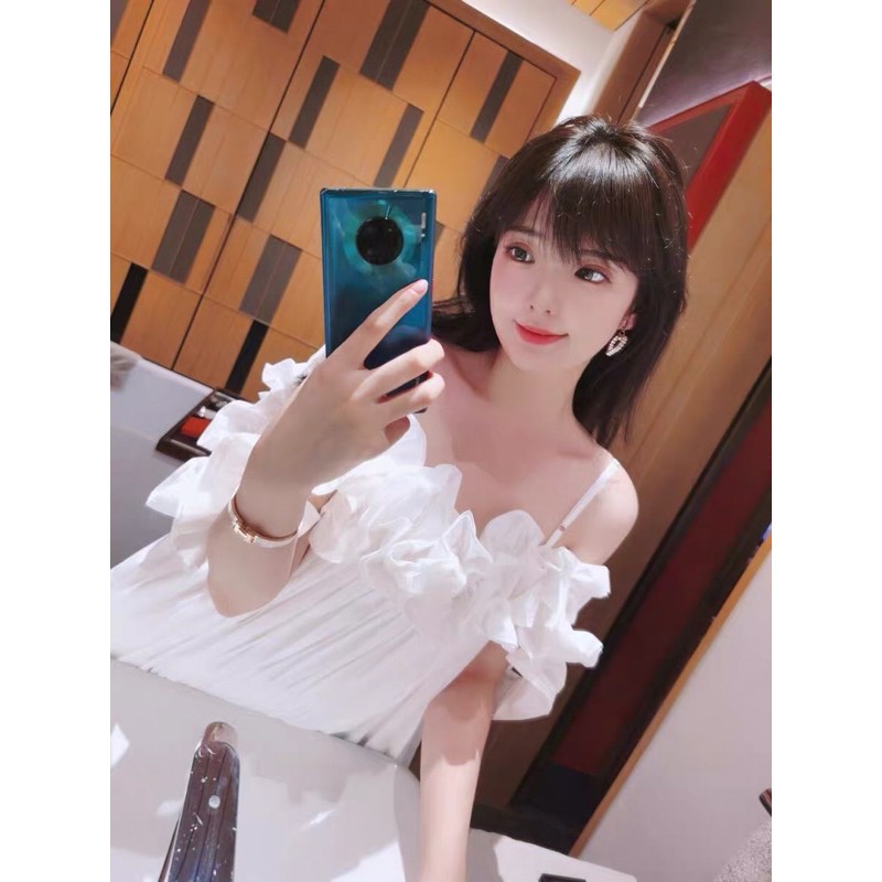 Sẵn JANE'S Đầm ngắn đi biển trễ vai xoè xếp li phối bèo sang trọng  J0145