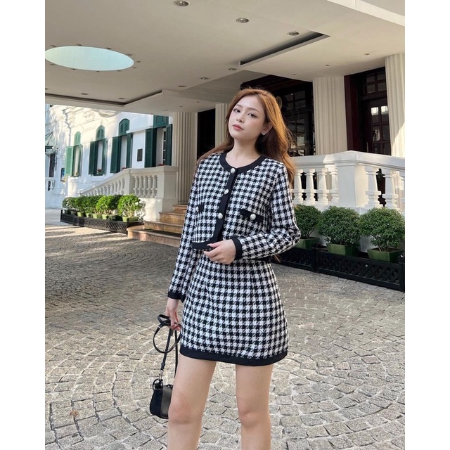 Set Dạ Tweed Kẻ Áo Khoác Mix Chân Váy Hàng 2 Lớp Có Ảnh Thật Kèm Video