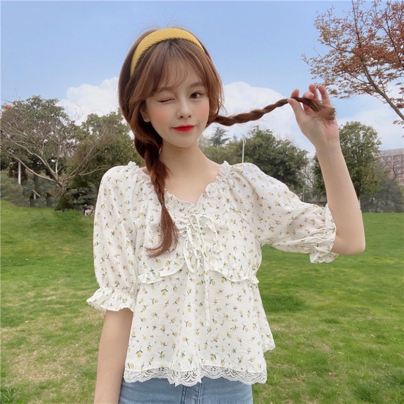 Áo thô cổ viền ren nơ ngực siêu xinh Ulzzang style  AK1919 Hàng quảng Châu