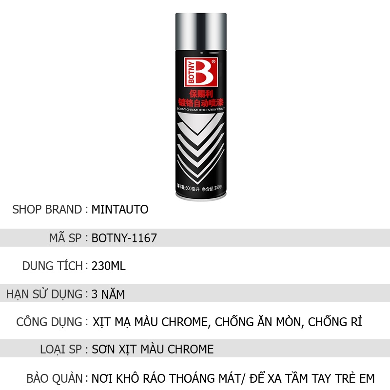 Sơn Xịt Mạ Màu Chrome Sơn Xịt Cầm Tay Botny B-1167 Dung Tích 300ml