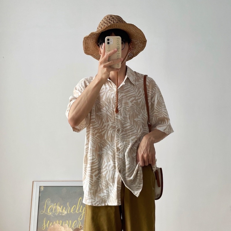 MADE BY NOBITA HOME - Sơ mi tay ngắn hoạ tiết hoa lá vải linen form rộng