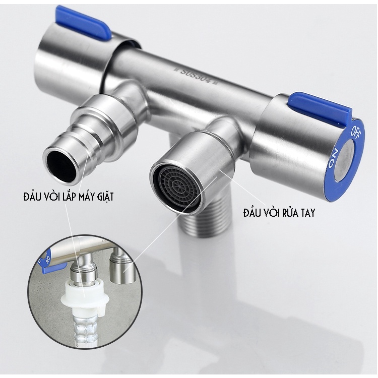 Van nước 2 cổng xả đóng mở riêng biệt Chất liệu Inox 304, Minh House kèm đầu chuyển