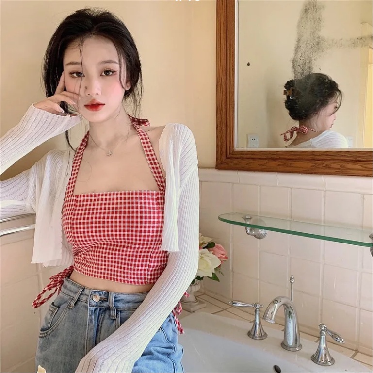 Áo yếm hai dây phối dây rút eo họa tiết caro ngọt ngào thời trang hè cho nữ