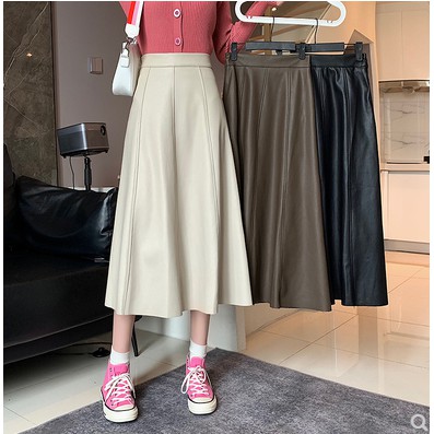 Chân váy da Hàn Quốc dài dáng xoè chuẩn Ỏrder (Sẵn Đen-M)