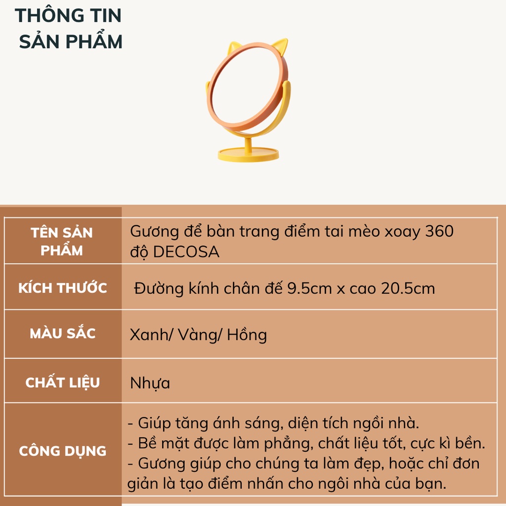 Gương để bàn trang điểm tai mèo xoay 360 độ DECOSA