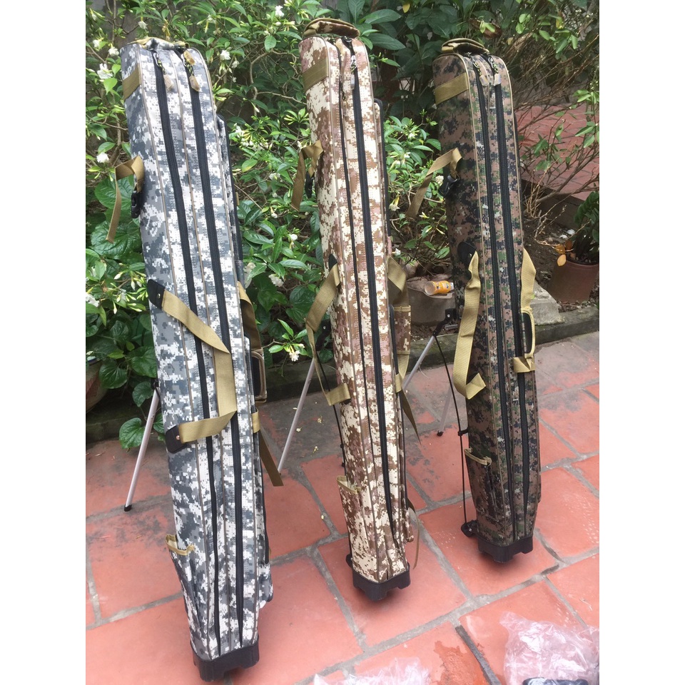 Bao cần câu đài 2 ngăn có chân chống, rằn ri, dài 1m25, có ngăn chính và nhiều ngăn phụ