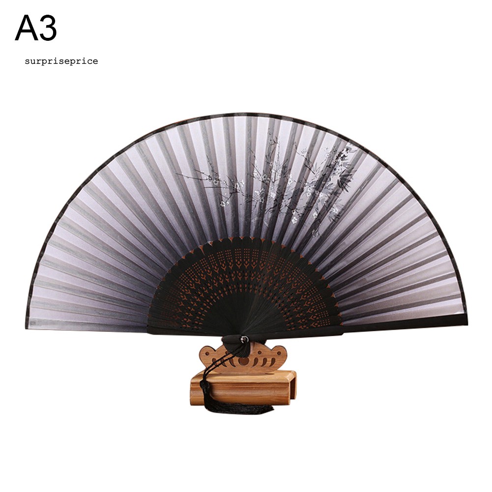 Quạt xếp cầm tay bằng tre với họa tiết hoa anh đào phong cách vintage