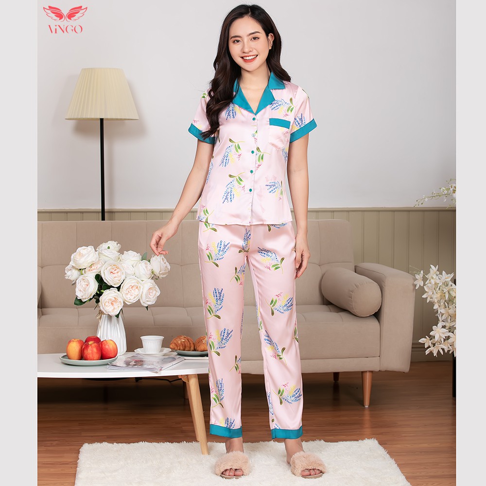 Đồ Bộ Ngủ Nữ Pijama Mặc Nhà VINGO Lụa Pháp Tay Ngắn Quần Dài Họa Tiết Hoa Lavender Trang Nhã Sang Trọng H142 VNGO