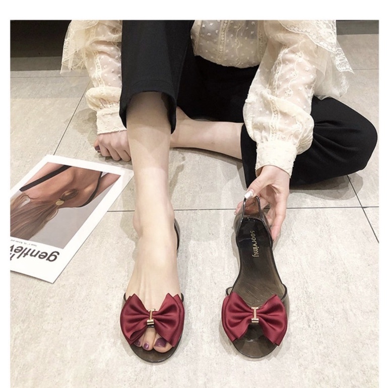 Giày thạch nhựa dẻo mềm thơm đính nơ vải hở mũi Soervimy Quảng Châu