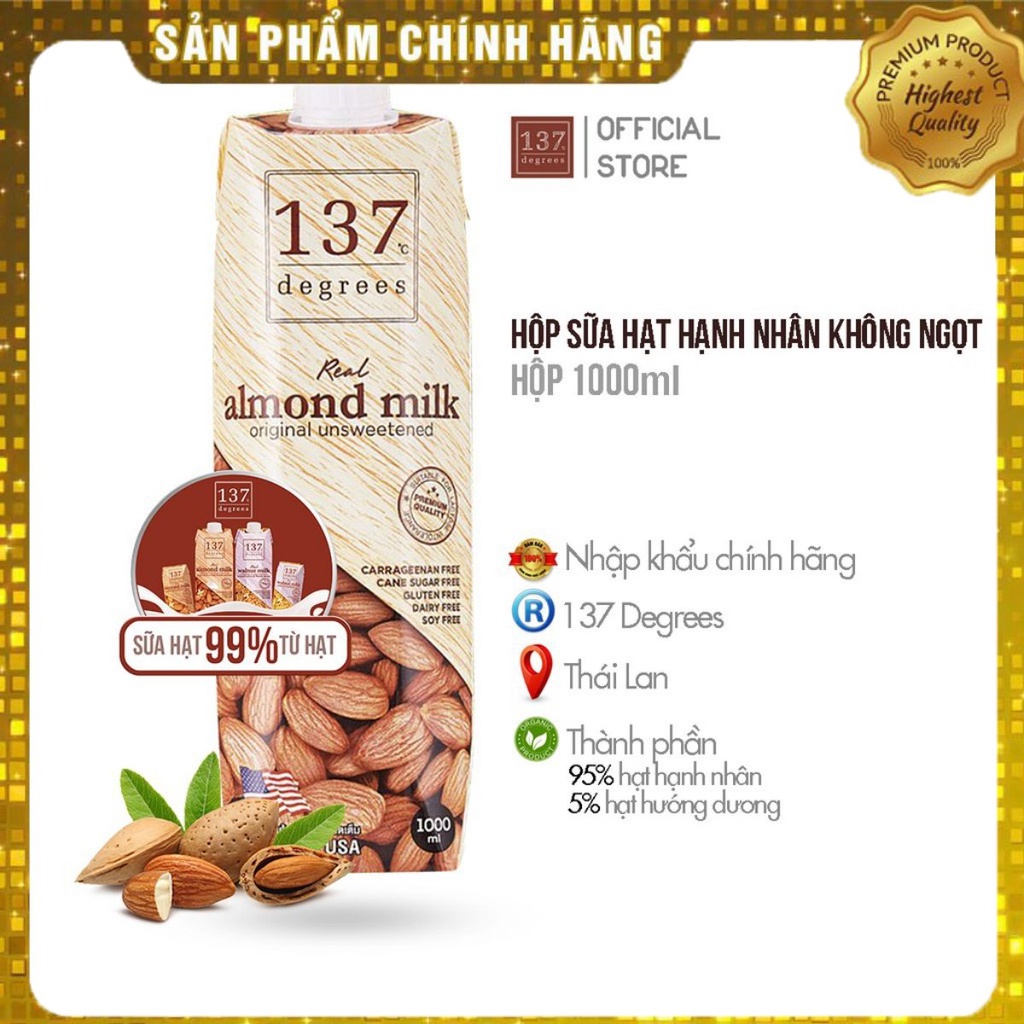 Sữa Hạt HẠNH NHÂN  không ngọt 137 Degrees - Hộp 1000ml