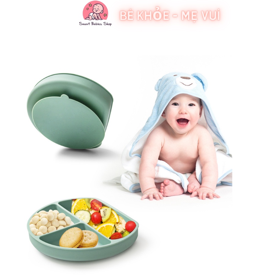 Khay Silicon 3 ngăn có đế hít chân không chống đổ tone màu pastel phong cách Hàn Quốc