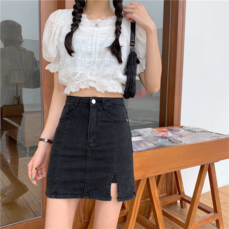 chân váy jean Lưng Cao Xẻ Tà Phong Cách Hàn Quốc Size S-Xl 2021