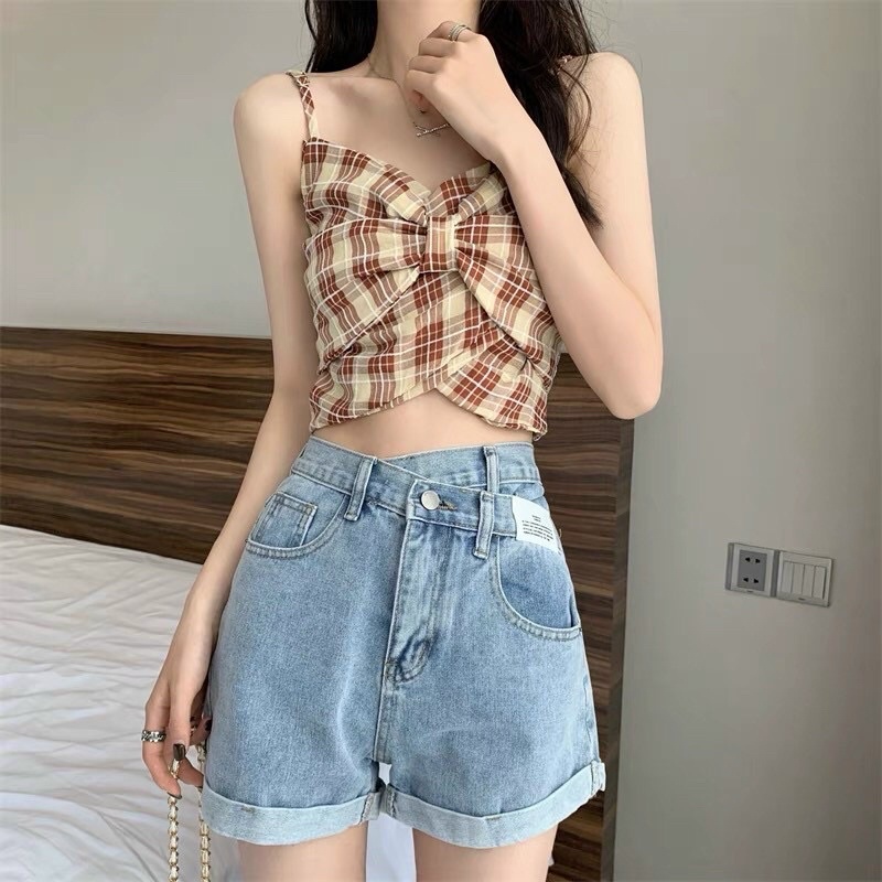 Áo 2 dây nơ hoạ tiết kẻ caro croptop dễ thương hàng QC