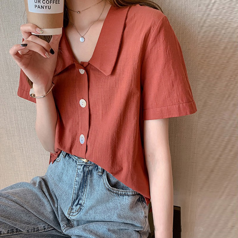 Áo kiểu sơ mi tay ngắn màu trơn thời trang phong cách retro cho nữ