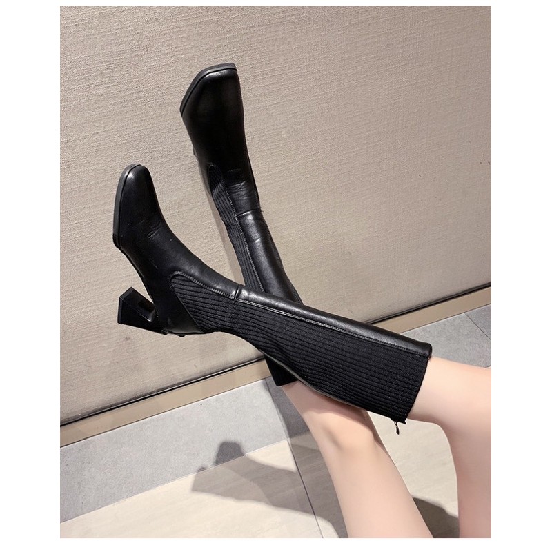 Boots lửng đầu gối Ulzzang phối len để cong cao 7cm