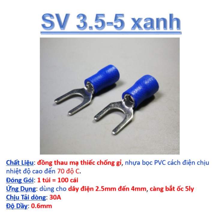 Đầu cos chữ Y bọc phủ nhựa SV 3.5mm 5.5mm 100c💥cốt chẻ, cosse chỉa chữ U, cos chĩa bấm nối dây điện bằng đồng