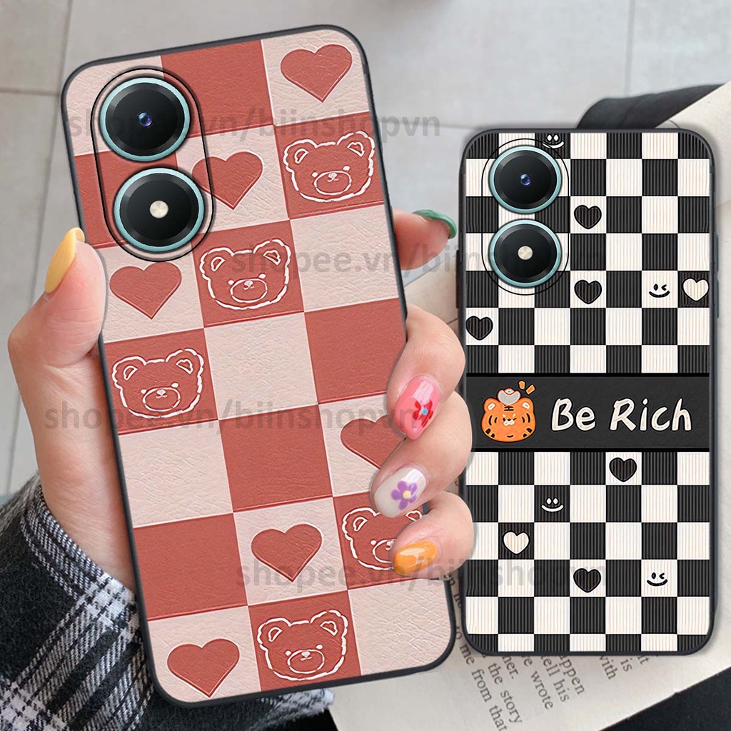 Ốp Vivo Y02s gấu Bear rick caro vuông thời trang siêu đẹp