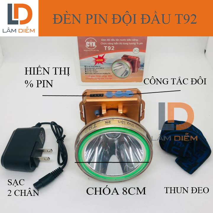 ĐÈN PIN SẠC ĐỘI ĐẦU KÍN NƯỚC SIÊU SÁNG HIỂN THỊ % PIN 3 CHẾ ĐỘ T92-T95-T98
