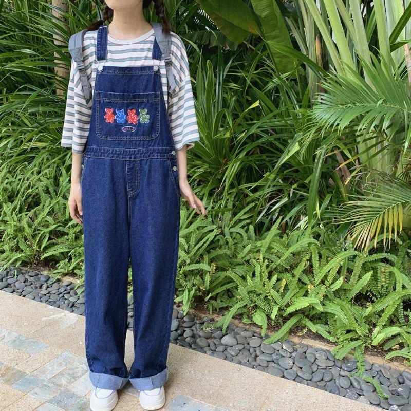 Quần yếm bò xanh đậm hình 3 chú gấu bear xinh xắn ống dài suông hách dáng hot TikTok