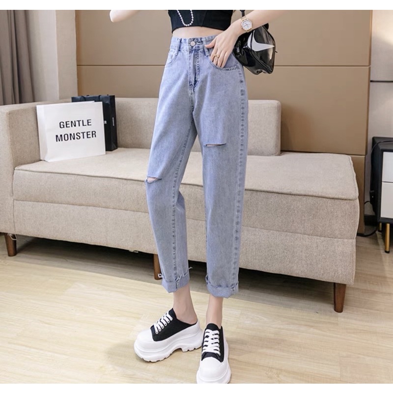 [Bigsize 30-36]Quần Baggy Jean Xanh Nhạt Rách Sole Tua Lai Sắn. Cạp Cao Trên Rốn