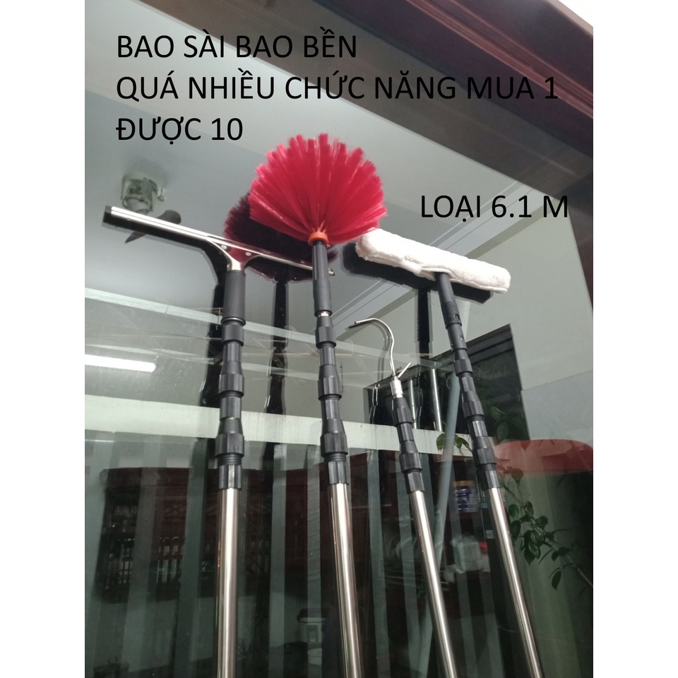 Sào rút inox đa năng, Chổi quét mạng nhện vệ sinh trần nhà kết hợp lau kính+gạt nước mưa,móc cành cây,hái hoa quả trên