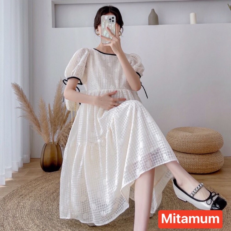 Váy đầm bầu hè thu dáng xuông ba tầng babydoll kẻ caro ren hai lớp công sở đi chơi thiết kế cao cấp