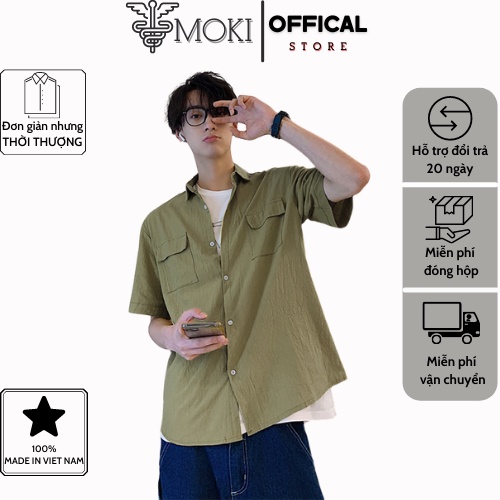 Áo sơ mi đũi nam ngắn tay MOKI phong cách thời trang công sở hè 2021, trẻ trung, lịch lãm
