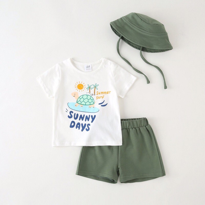 Set bộ quần áo cộc tay rùa xanh tặng kèm mũ xuất dư hm , chất cotton mềm cho bé