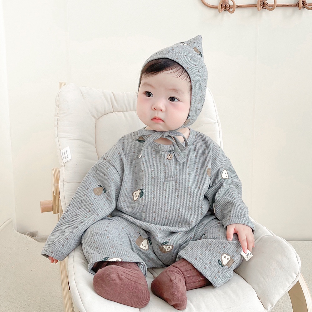 Set 2 Món Áo Liền Quần Tay Dài In Họa Tiết Trái Lê Kèm Nón Cho Bé 0-2 Tuổi