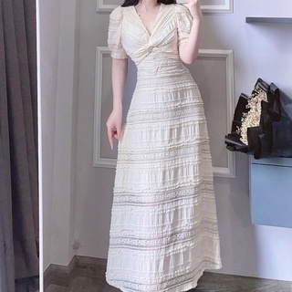 Đầm trắng đi biển xoắn ngực suông dài thun ren váy đi chơi dự tiệc HATI