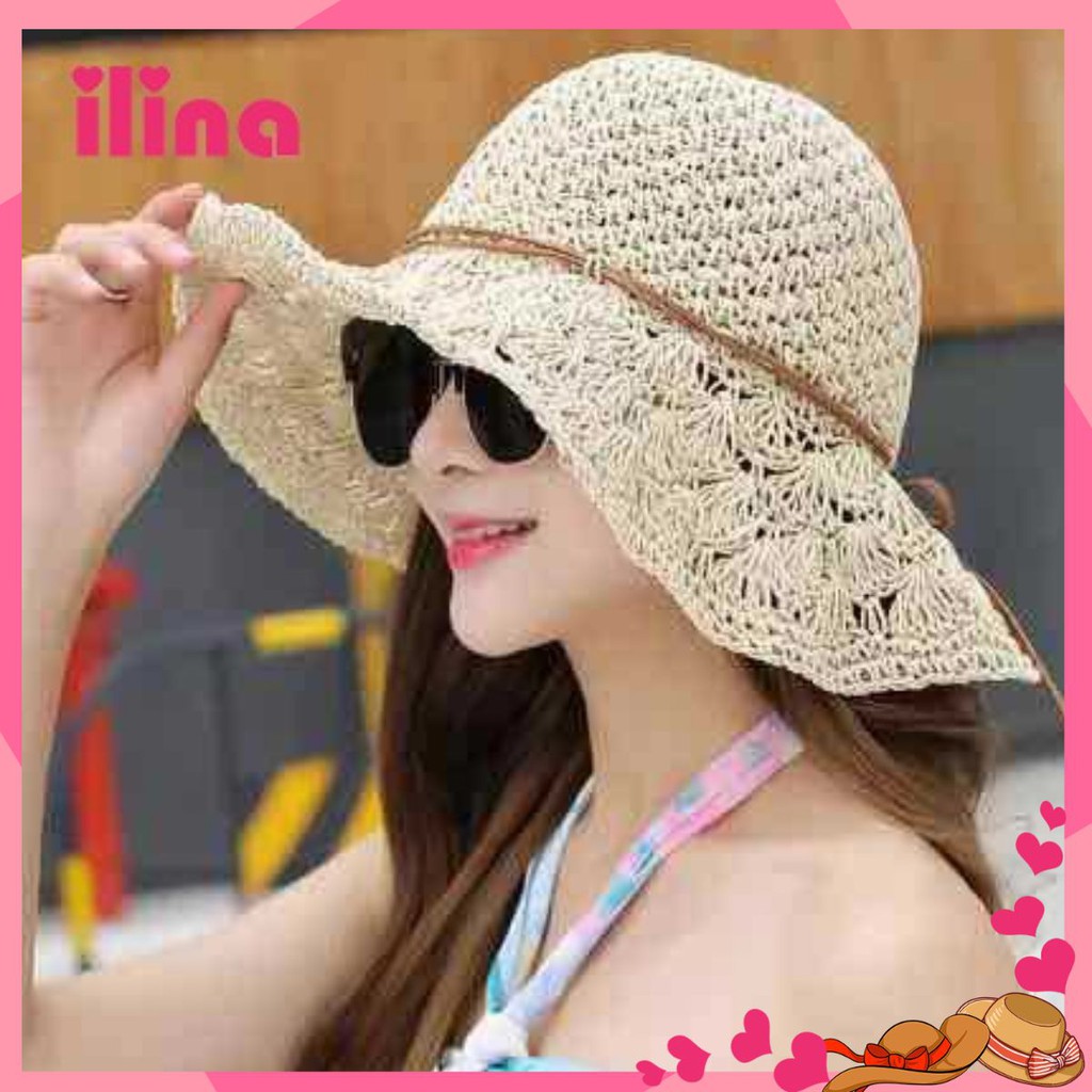 ilina Mũ/Nón cói giấy vintage, vành hoa sò, dây da lộn. M 56 - 58cm.PM298