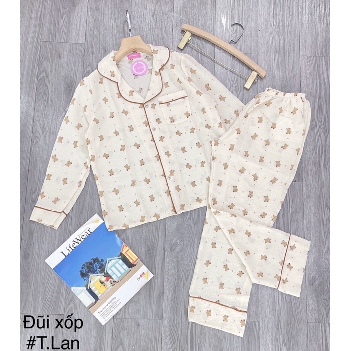 Bộ pijama chất đũi xốp tay dài quần dài, Bộ mặc nhà nữ thu đông nhiều hoạ tiết