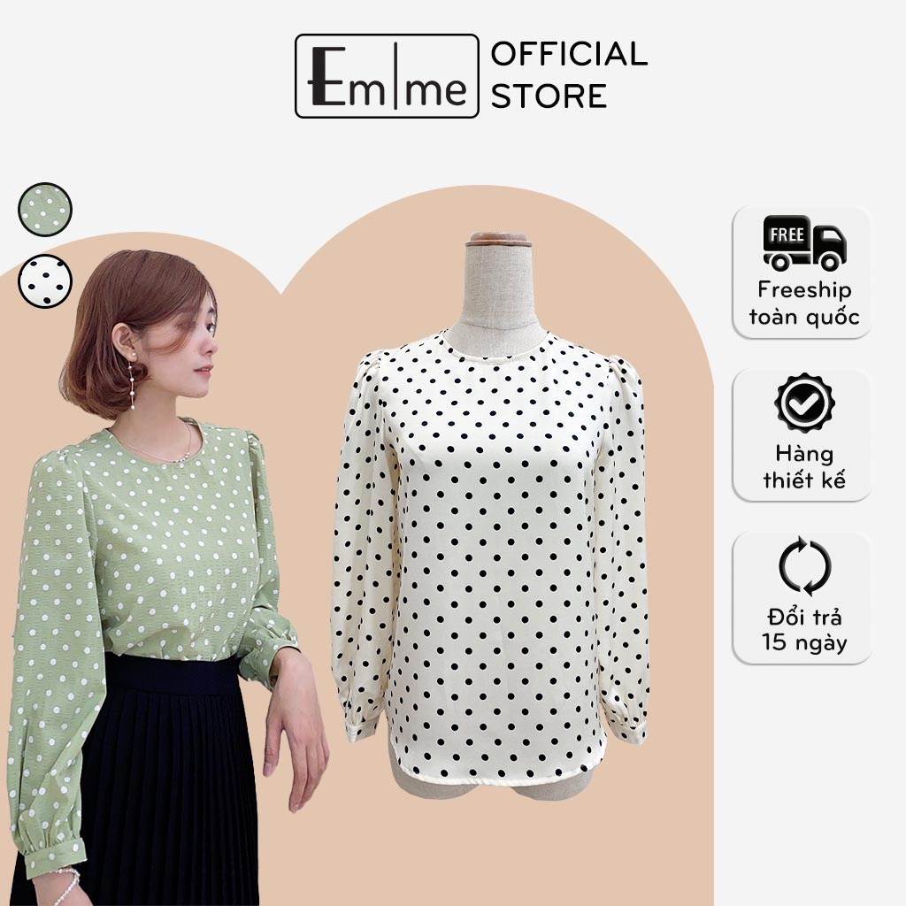 Áo sơ mi nữ công sở Emme dài tay cổ tròn chất lụa dáng suông họa tiết chấm bi EMS05