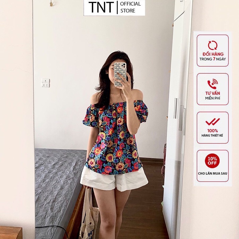 Sơ mi bệt vai, áo trễ vai hoạ tiết hoa dễ thương phong cách ulazang hàn quốc ảnh thật shop chụp