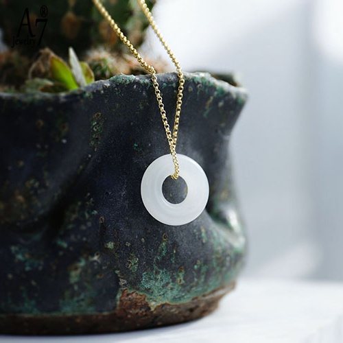 Vòng cổ Mặt Ngọc Bích Trắng A7 Mạ Vàng 18K