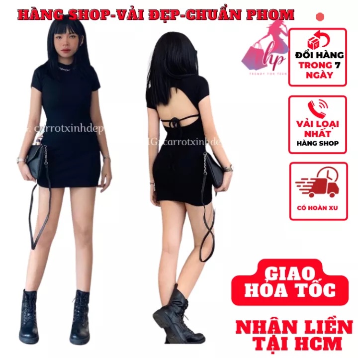 Váy đầm hở lưng nữ dáng ngắn cổ tròn cột nơ tay ngắn ôm body sexy cực sang chảnh hàn quốc dự tiệc - mã VD192